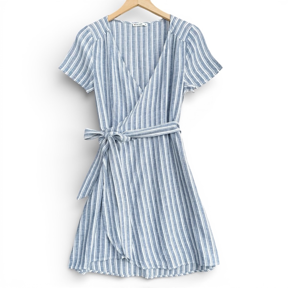 Marine Layer Frances Wrap Dress Blue Stripe White Linen Blend Tie Waist Womens M - Picture 2 of 13